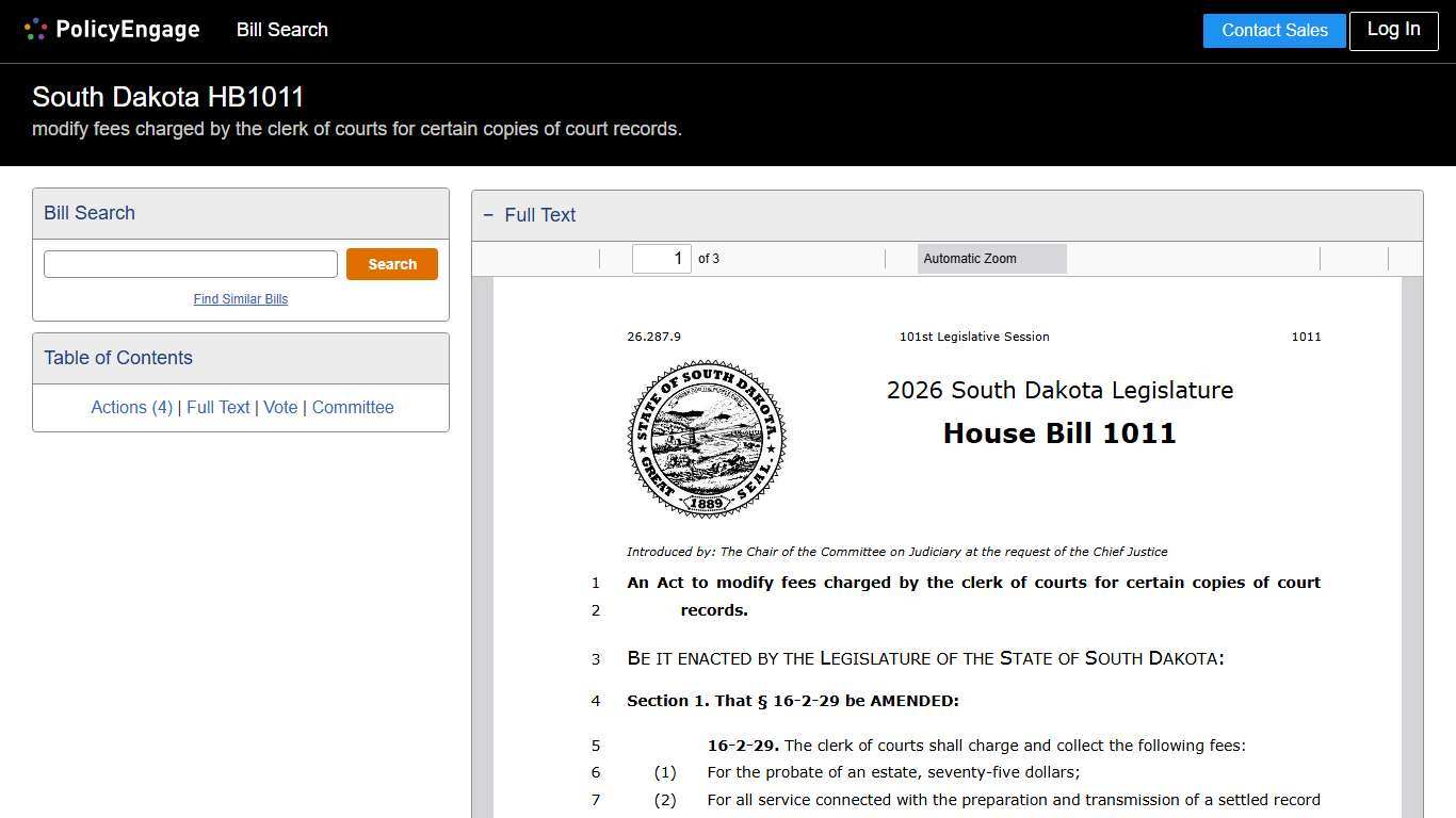 HB1011 South Dakota 2026 modify fees charged by the clerk of courts for certain copies of court records. - Legislative Tracking PolicyEngage